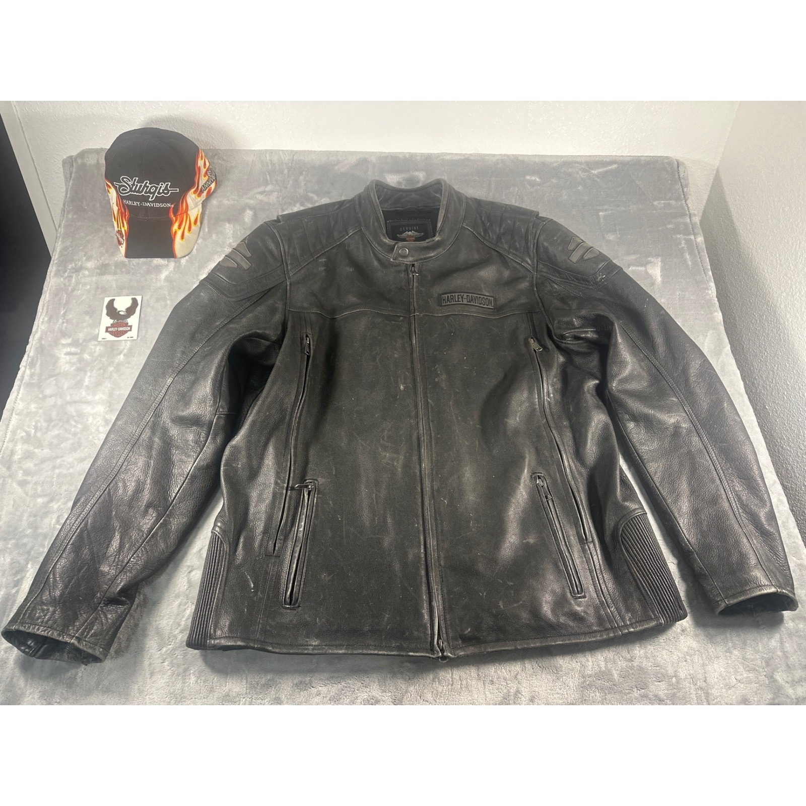 Harley-Davidson Leather Motorcycle Jacket 2xl Black Cafe Racer Sturgis Hat Set